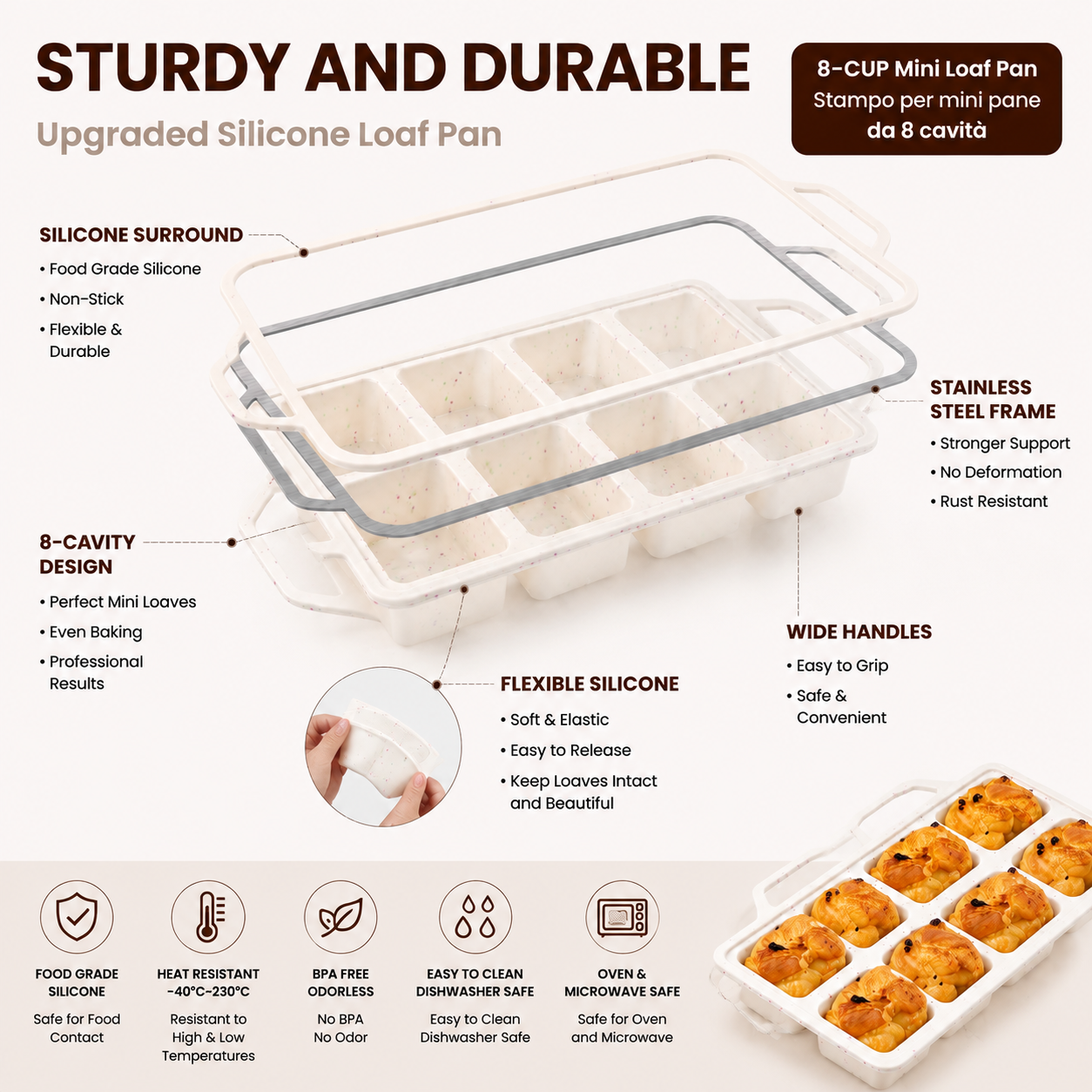 8-Cavity Mini Loaf Pan, Non-Stick Silicone Bread Mold with Sturdy Stainless Steel Frame – Perfect for Baking Individual Breads, Snack Cakes, and Sweet Treats at Home (1PCS)