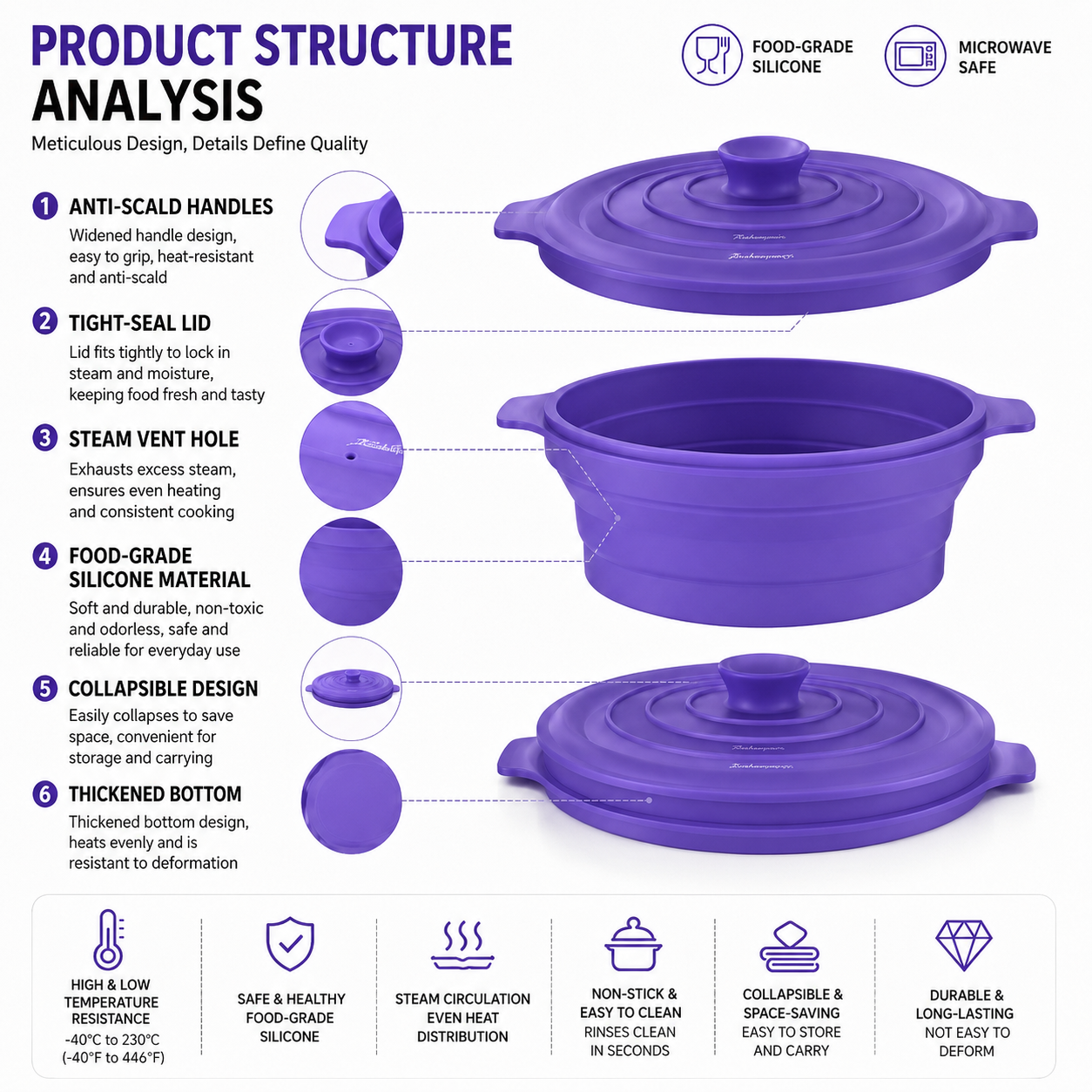 Effortlessly Steam, Heat, and Store Your Meals with This Collapsible Silicone Steamer – A Microwave-Safe, Freezer-Ready, Dishwasher-Friendly Kitchen Essential for Home Cooking and Outdoor Adventures (Purple（1900ML）)