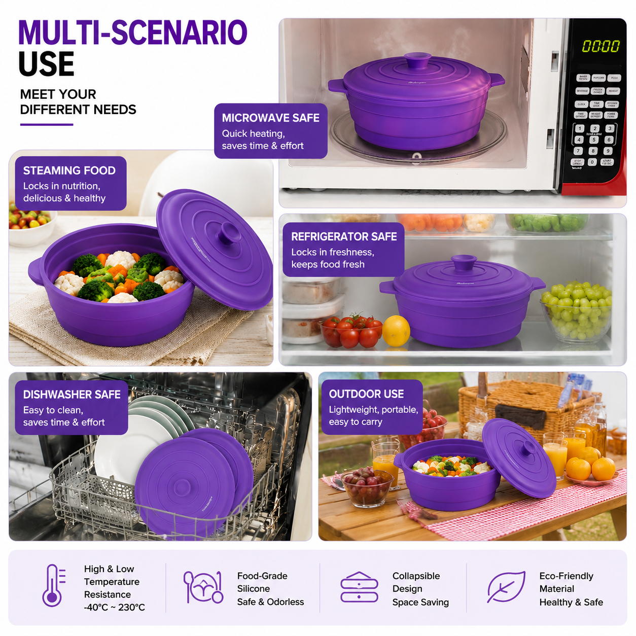 Effortlessly Steam, Heat, and Store Your Meals with This Collapsible Silicone Steamer – A Microwave-Safe, Freezer-Ready, Dishwasher-Friendly Kitchen Essential for Home Cooking and Outdoor Adventures (Purple（1900ML）)
