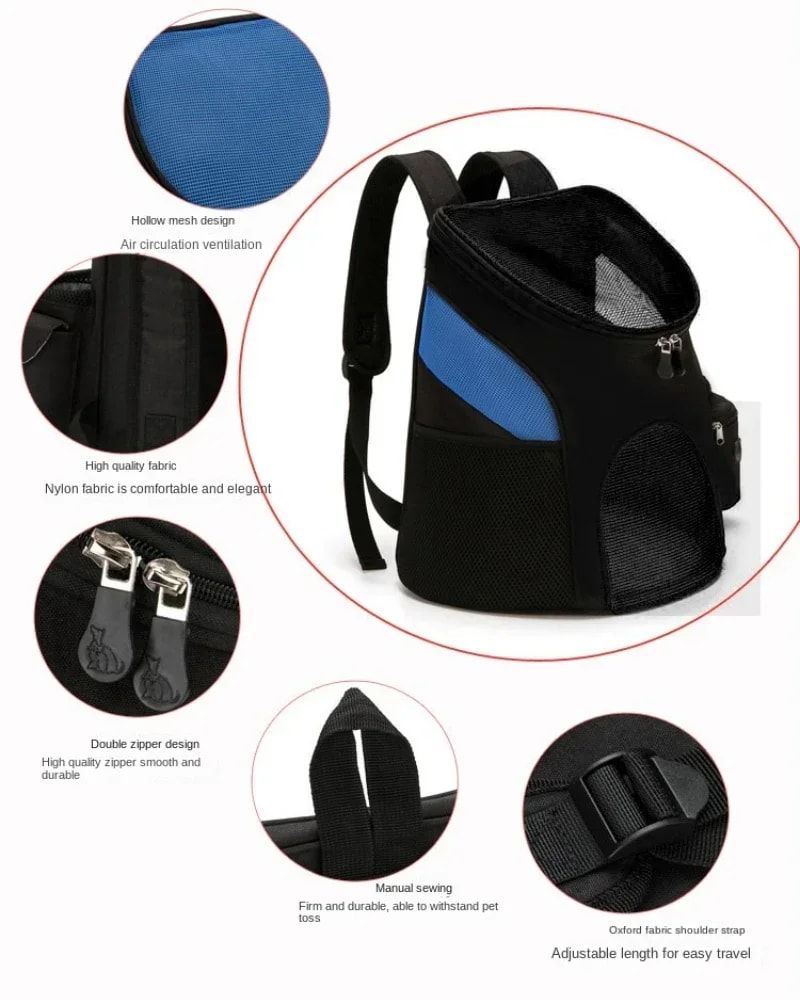 Comfortable hands-free pet carrier backpack with breathable mesh panels and padded shoulder straps, perfect for carrying small dogs and cats on walks, travel, and outdoor adventures while keeping your furry friend close and secure. (S, Black&Blue)