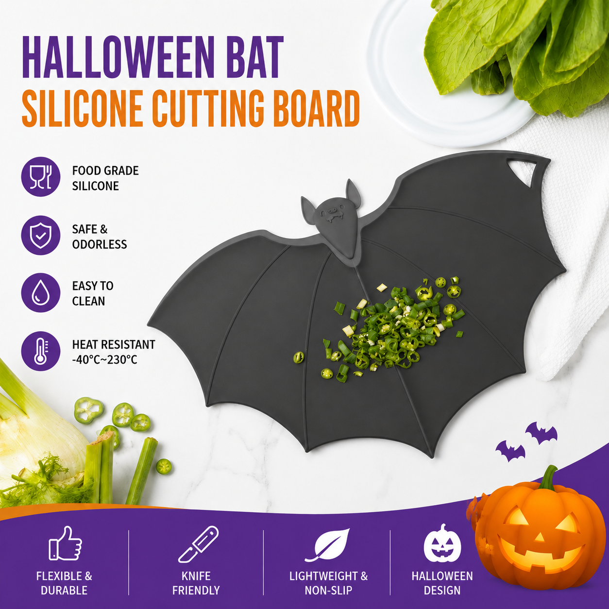 Halloween Bat-Shaped Silicone Cutting Board: Flexible, Heat-Resistant, and Perfect for Spooky Kitchen Prep and Festive Serving (Black)