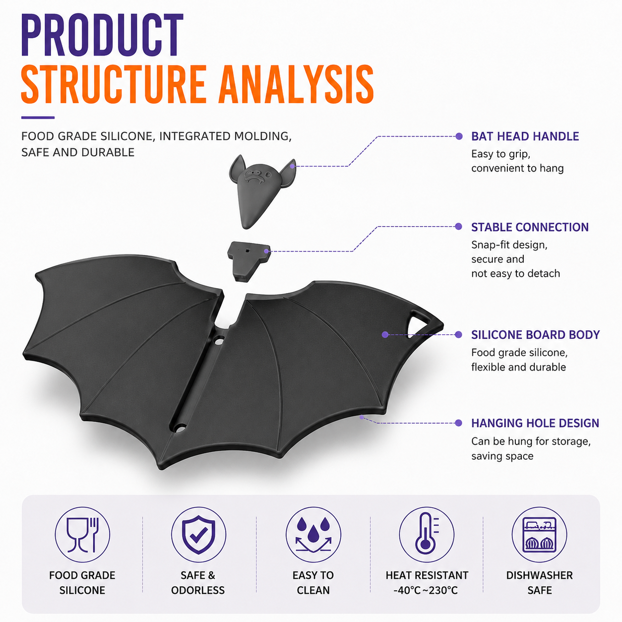 Halloween Bat-Shaped Silicone Cutting Board: Flexible, Heat-Resistant, and Perfect for Spooky Kitchen Prep and Festive Serving (Black)