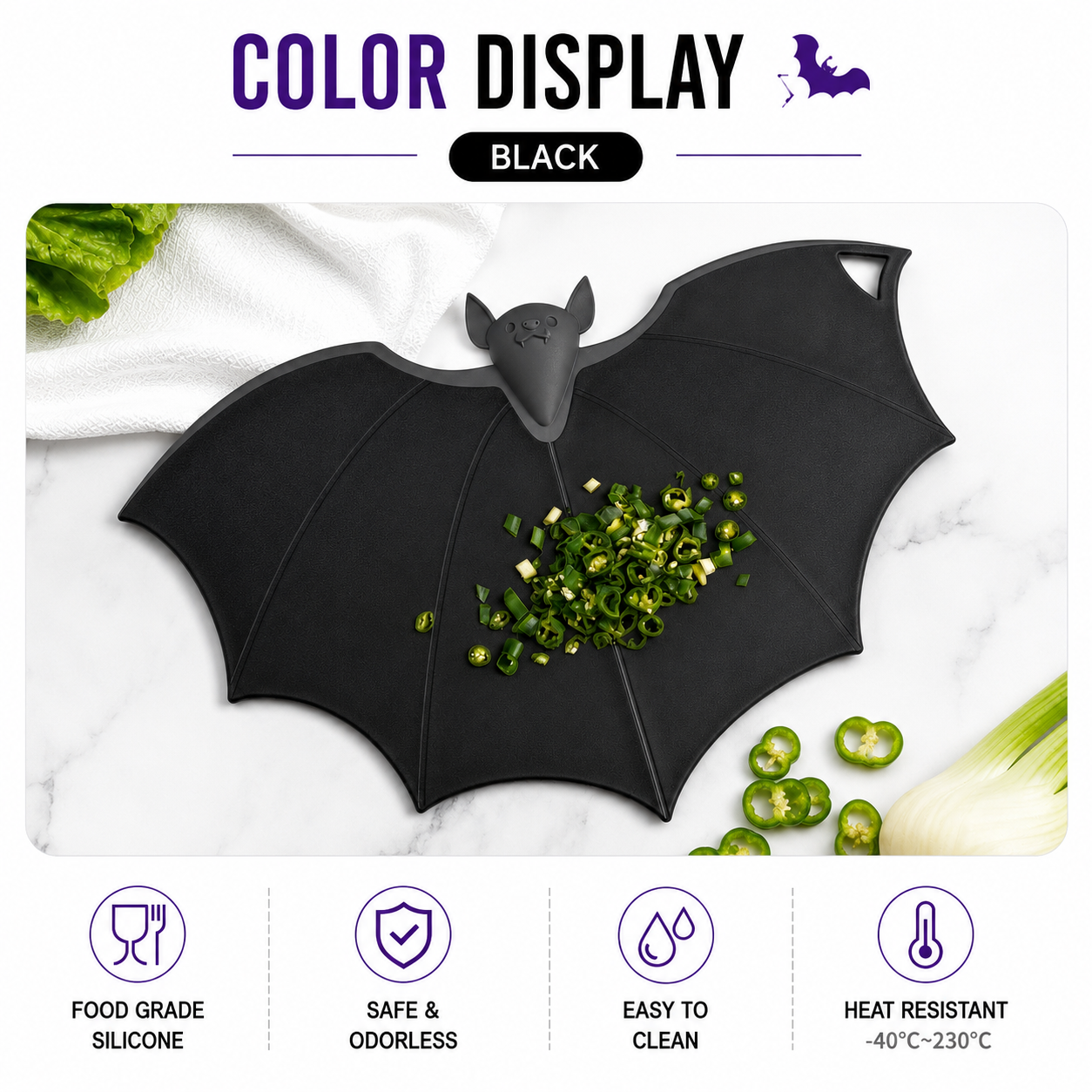 Halloween Bat-Shaped Silicone Cutting Board: Flexible, Heat-Resistant, and Perfect for Spooky Kitchen Prep and Festive Serving (Black)