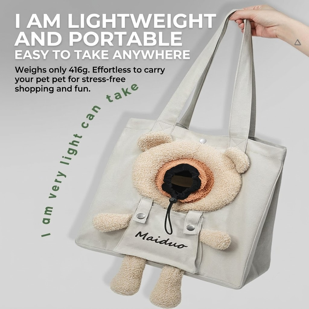 Adorable Bear-Shaped Pet Carrier Tote Bag – Lightweight, Breathable, and Portable Shoulder Bag for Cats and Small Dogs, Perfect for All-Season Daily Outings, Shopping, and Short Trips (Khaki)