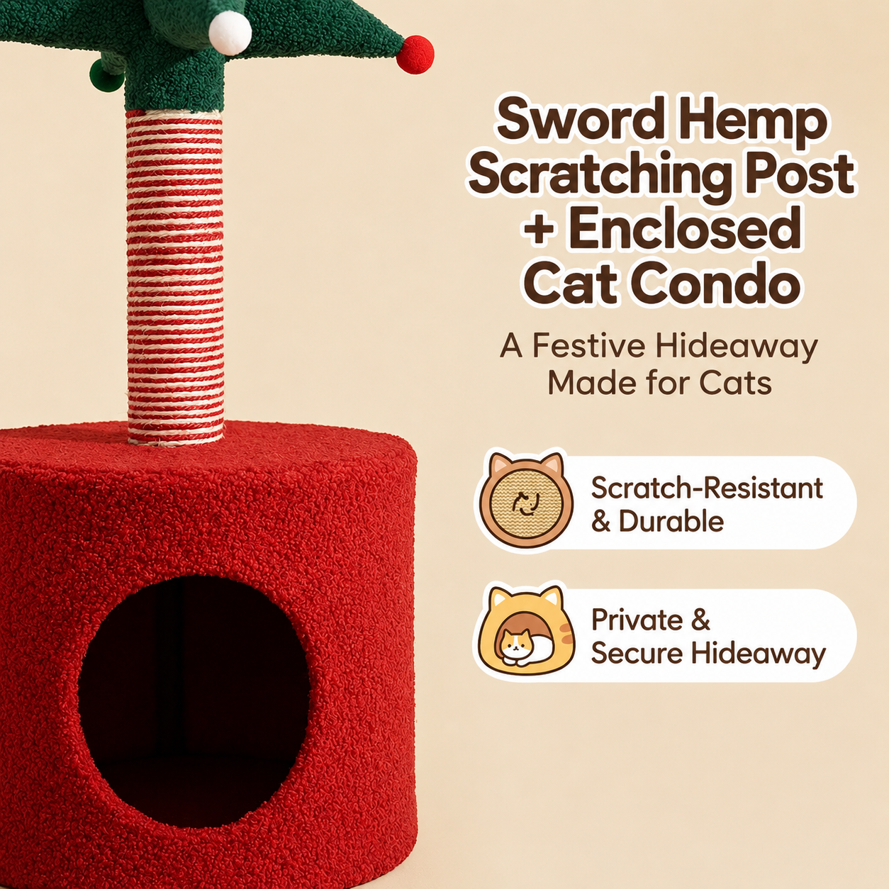 Festive Christmas Tree Cat Scratcher and Cozy Hideaway Condo – All-in-One Cat Furniture with Plush Cave, Durable Sisal Scratching Post, and Hanging Pom-Pom Toys for Indoor Felines (35*35*85cm)