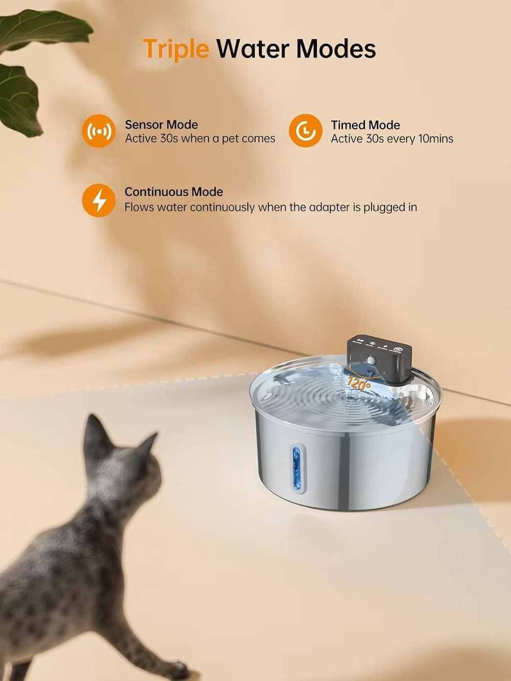 Wireless Pet Water Fountain for Cats and Small Dogs, 304 Stainless Steel, 3.2L Capacity, Rechargeable Battery, Three Flow Modes, Low Noise, Easy to Clean (D1)