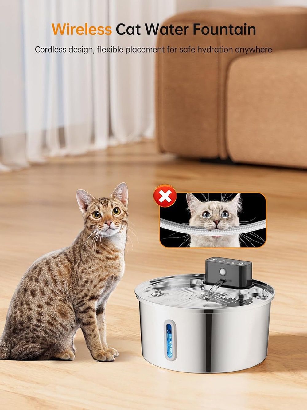 Wireless Pet Water Fountain for Cats and Small Dogs, 304 Stainless Steel, 3.2L Capacity, Rechargeable Battery, Three Flow Modes, Low Noise, Easy to Clean (D2)