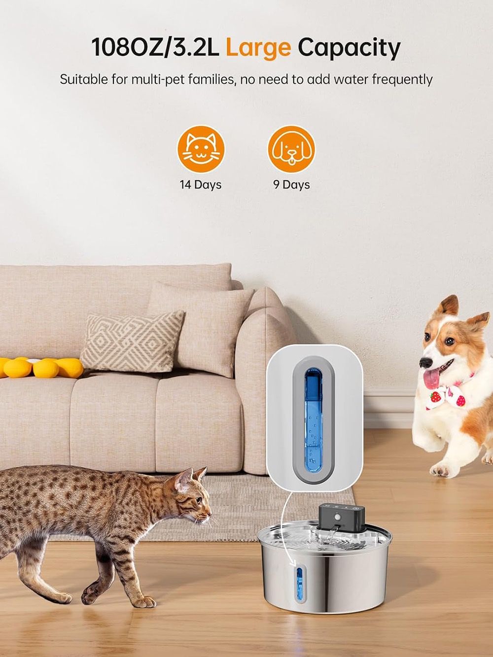 Wireless Pet Water Fountain for Cats and Small Dogs, 304 Stainless Steel, 3.2L Capacity, Rechargeable Battery, Three Flow Modes, Low Noise, Easy to Clean (D3)