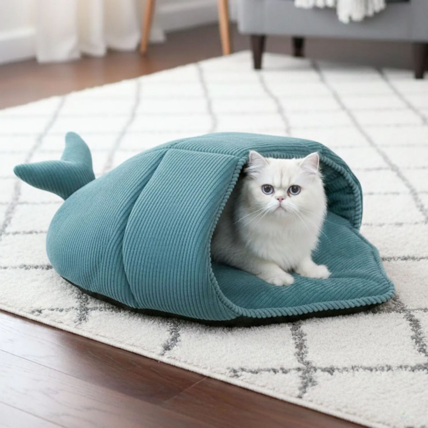 Cozy Whale-Shaped Semi-Enclosed Cat Bed, Plush Corduroy Pet Hideaway & Nap Sack – Soft, Washable, and Perfect for Year-Round Snuggling, Playing, or Peaceful Privacy in Any Living Space (Cyan)