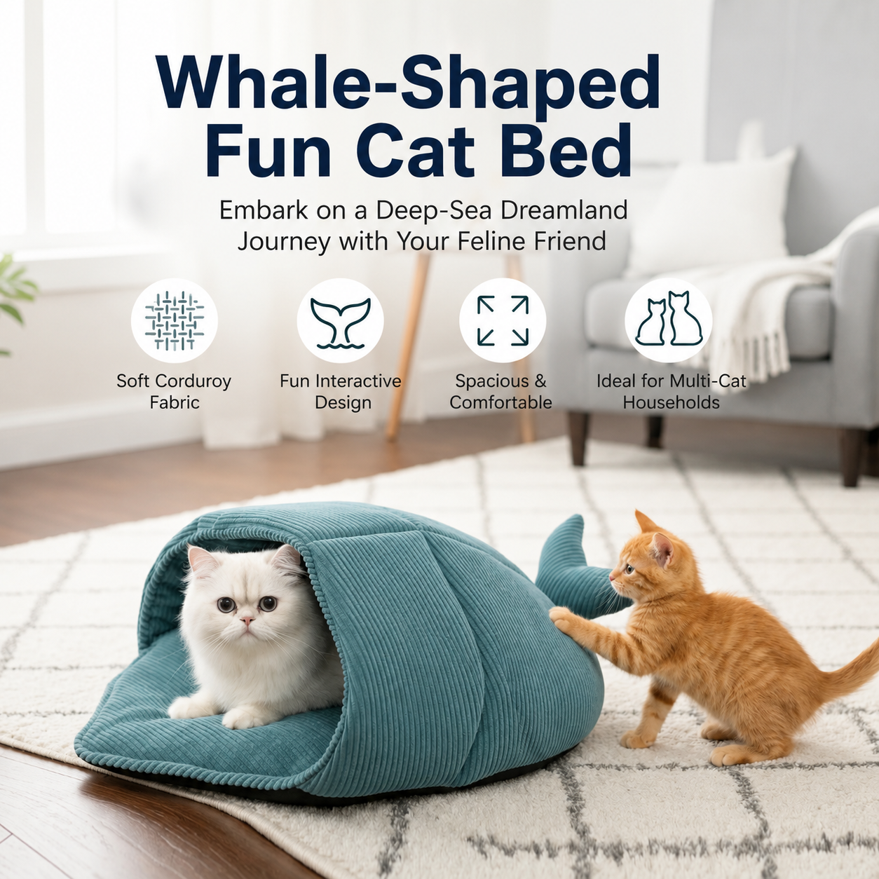 Cozy Whale-Shaped Semi-Enclosed Cat Bed, Plush Corduroy Pet Hideaway & Nap Sack – Soft, Washable, and Perfect for Year-Round Snuggling, Playing, or Peaceful Privacy in Any Living Space (Cyan)