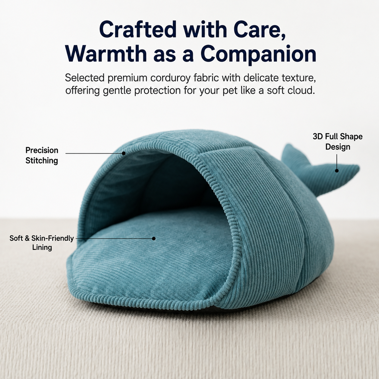 Cozy Whale-Shaped Semi-Enclosed Cat Bed, Plush Corduroy Pet Hideaway & Nap Sack – Soft, Washable, and Perfect for Year-Round Snuggling, Playing, or Peaceful Privacy in Any Living Space (Cyan)