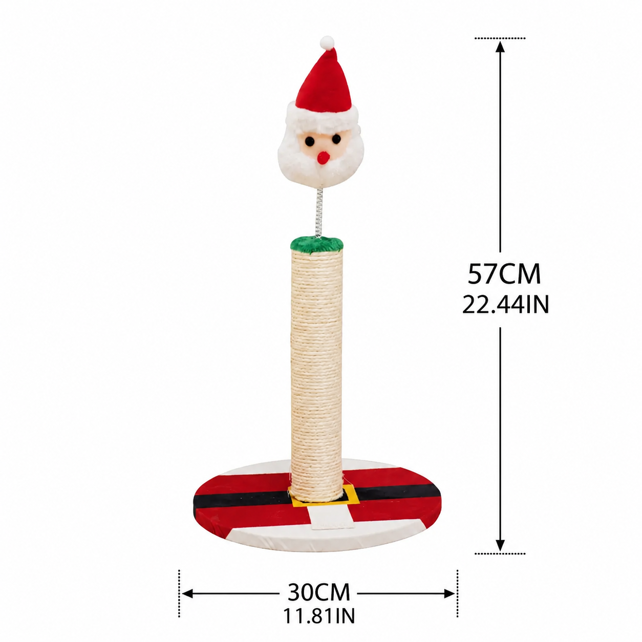 Cat Christmas Tree Scratcher Post with Spring Bobbing Head and Hanging Ball, Festive Santa and Candy Cane Design, Durable Sisal Rope, No-Mess Scratching, Interactive Indoor Cat Toy and Holiday Decor (30*57CM)