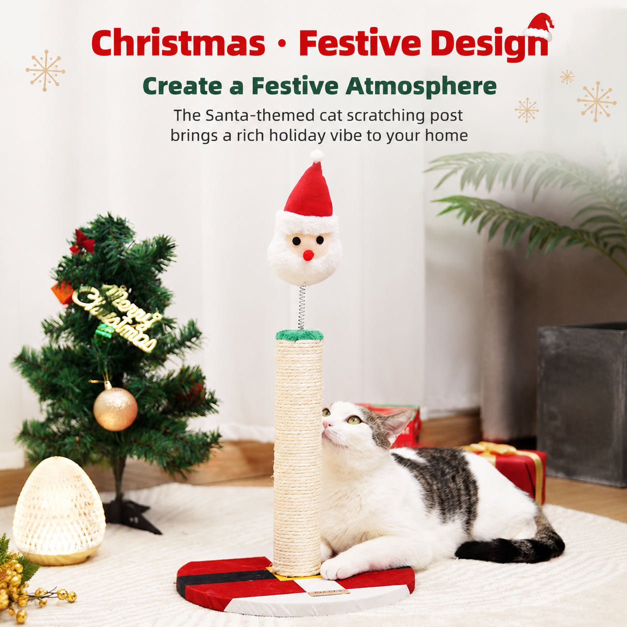 Cat Christmas Tree Scratcher Post with Spring Bobbing Head and Hanging Ball, Festive Santa and Candy Cane Design, Durable Sisal Rope, No-Mess Scratching, Interactive Indoor Cat Toy and Holiday Decor (30*57CM)