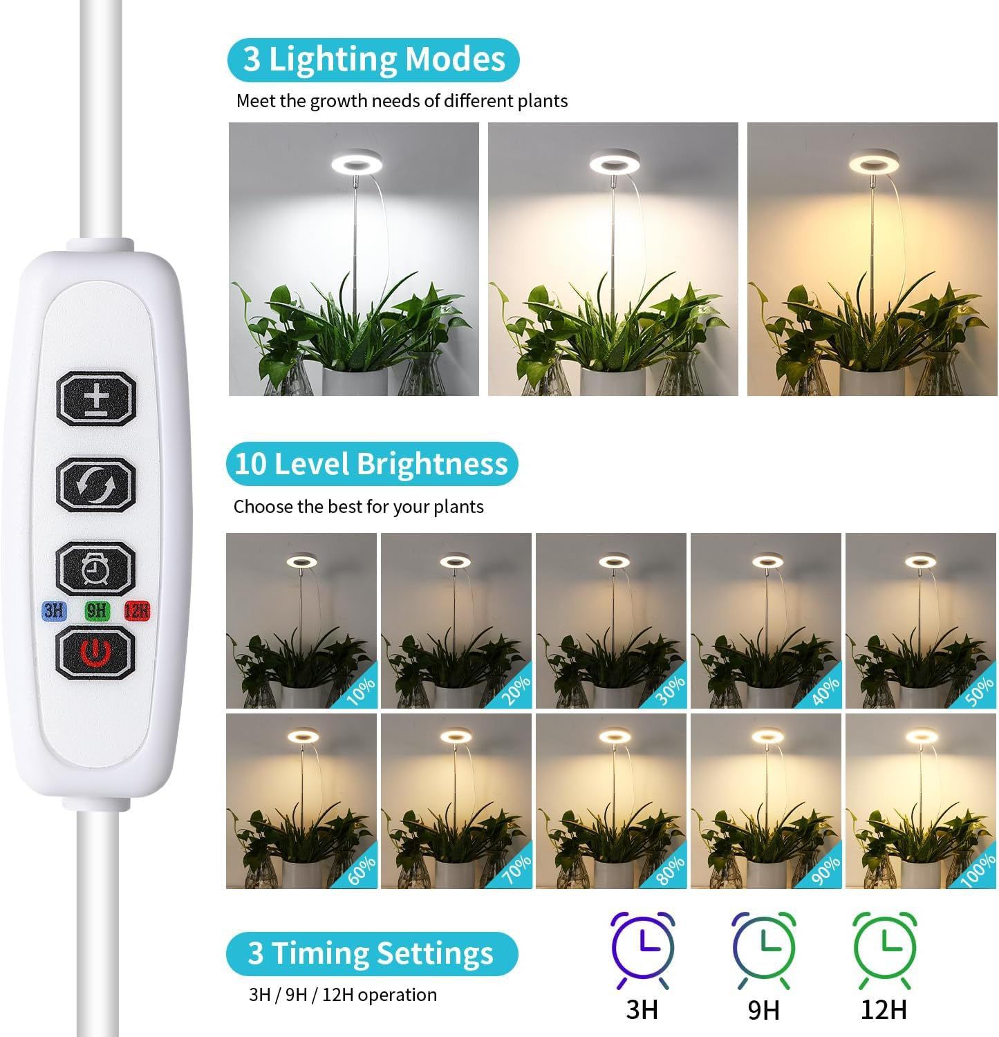 Full Spectrum LED Plant Grow Light with Telescopic Stand, Angel Ring Design, Dimmable Timer & Multi-Mode for Indoor Potted Plants, Succulents, and Home Desktop Decor (3PCS, Red Blue Warm Light （White+Clear Base）)