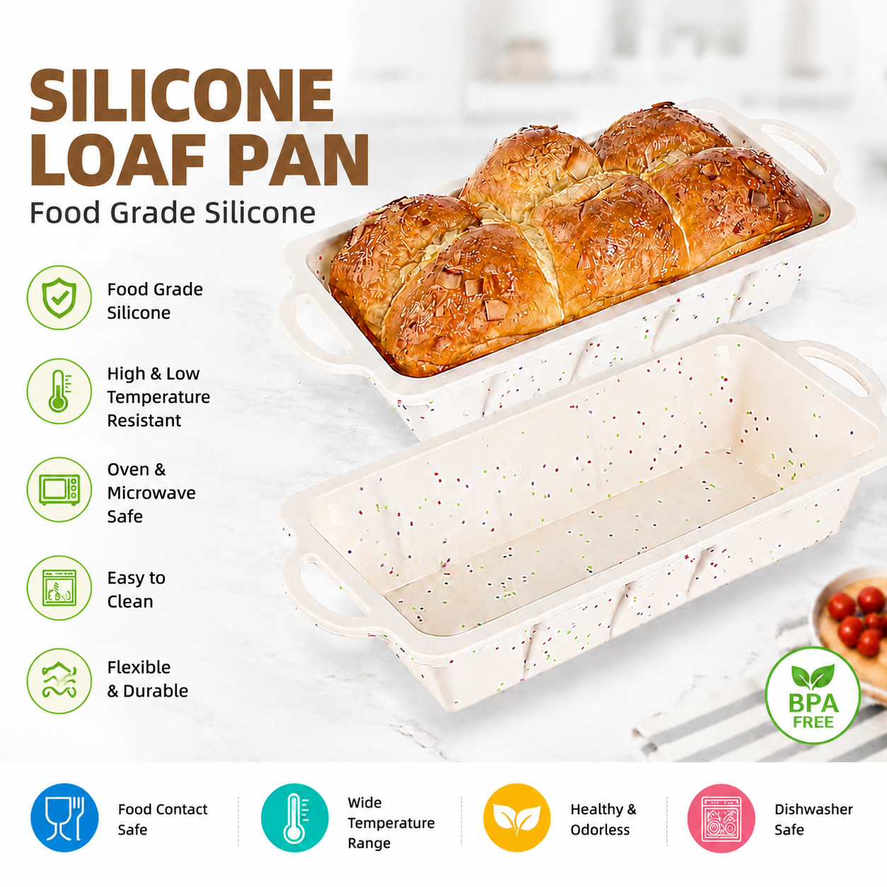 Wholesome Home-Baked Loaves Made Effortlessly with This Flexible Silicone Bread Pan, Perfect for Banana Bread, Meatloaf, Pound Cake, and More — Non-Stick, Even-Heating, and Built to Last with a Reinforcing Stainless Steel Frame to Keep Its Shape Bake Afte