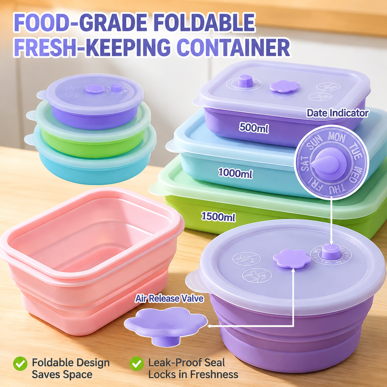 Collapsible Food-Grade Silicone Storage Container with Leakproof Lid, Built-in Date Dial and Steam Vent - Reusable, Microwave-Safe, Freezer-Ready, Perfect for Meal Prep, Leftovers, Picnics and Everyday Freshness (Purple（Square）, 1000ml)