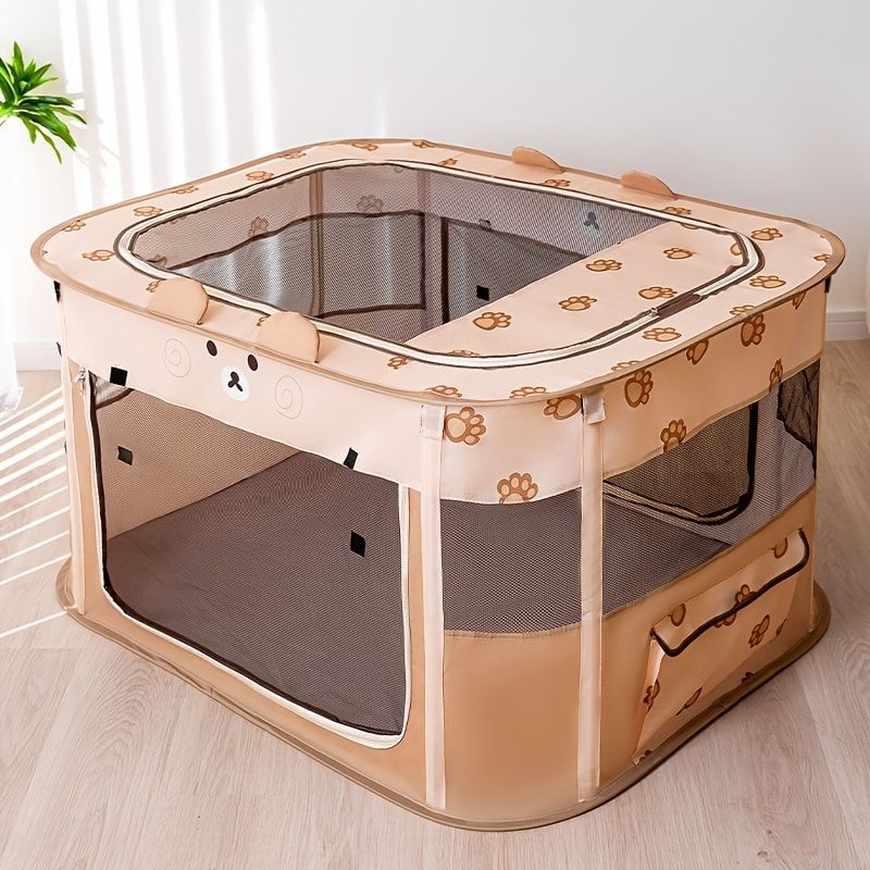 Foldable Pet Playpen with Zippered Top, Portable Cat Whelping Box & Puppy Kennel for Indoor/Outdoor Use, Easy Assembly, Multi-Functional Tent for Small Pets (Brown-2XL)