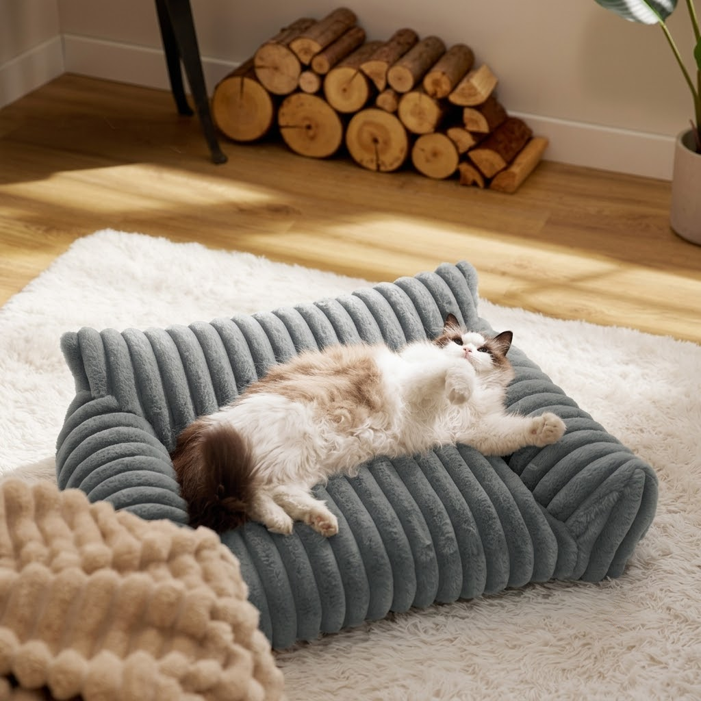 Luxurious Faux Rabbit Fur Plush Pet Sofa Bed with Bolster Sides, Removable Washable Cover and Deep Cushion for Cats and Small Dogs Seeking Ultimate Napping Comfort (L（90*65*20cm）, Grey)