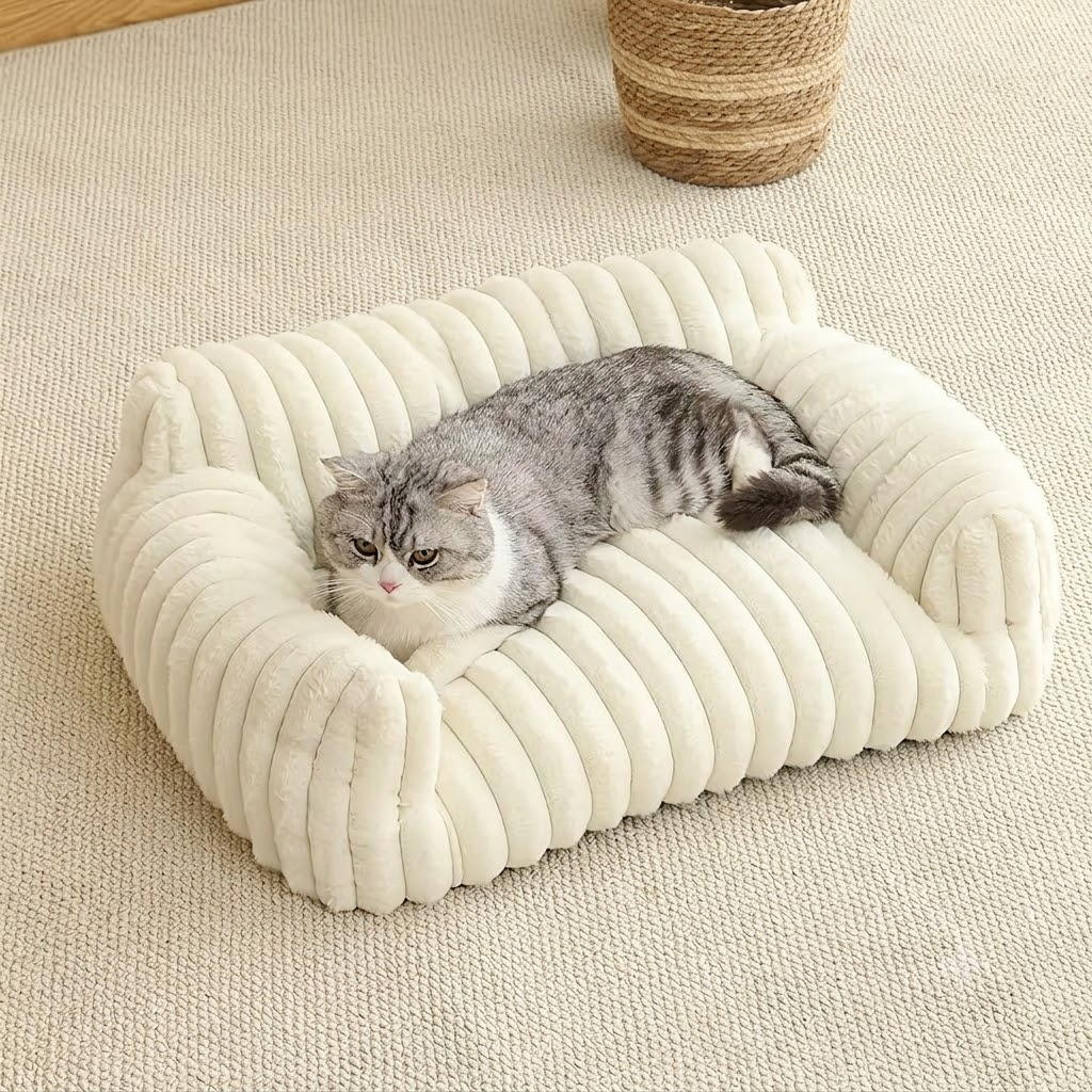 Luxurious Faux Rabbit Fur Plush Pet Sofa Bed with Bolster Sides, Removable Washable Cover and Deep Cushion for Cats and Small Dogs Seeking Ultimate Napping Comfort (L（90*65*20cm）, Grey)