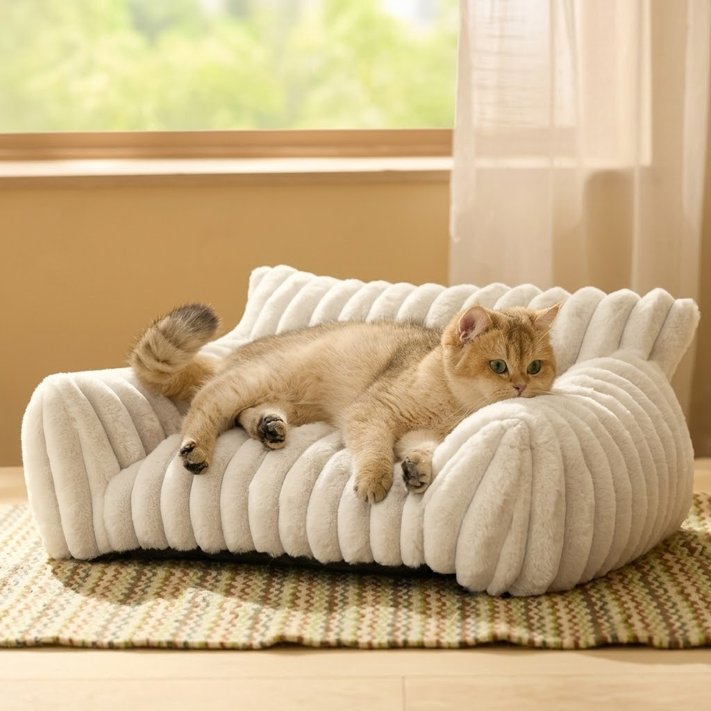 Luxurious Faux Rabbit Fur Plush Pet Sofa Bed with Bolster Sides, Removable Washable Cover and Deep Cushion for Cats and Small Dogs Seeking Ultimate Napping Comfort (L（90*65*20cm）, Grey)