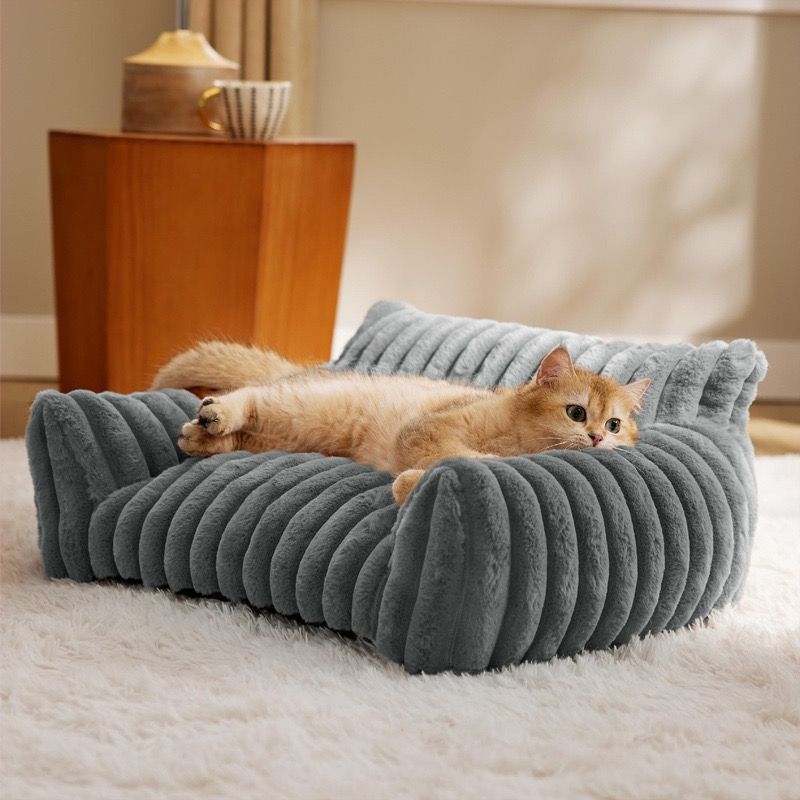 Luxurious Faux Rabbit Fur Plush Pet Sofa Bed with Bolster Sides, Removable Washable Cover and Deep Cushion for Cats and Small Dogs Seeking Ultimate Napping Comfort (M（75*50*20cm）, Brown)