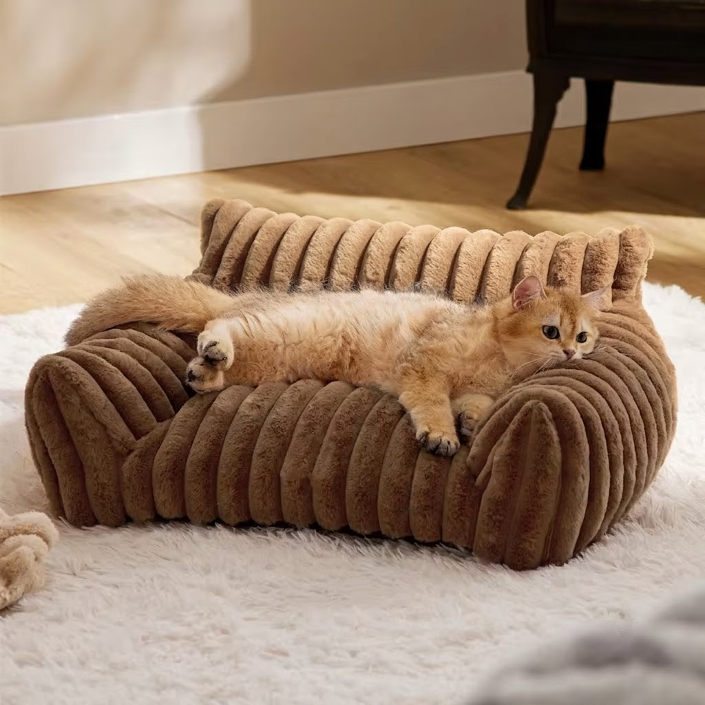 Luxurious Faux Rabbit Fur Plush Pet Sofa Bed with Bolster Sides, Removable Washable Cover and Deep Cushion for Cats and Small Dogs Seeking Ultimate Napping Comfort (S（60*45*20cm）, Brown)