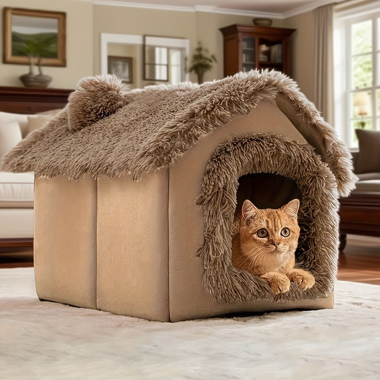 Plush Pet House with Detachable Cushion – Cozy, Warm, and Stylish Indoor Cat or Small Dog Bed – Soft Faux Fur Hideaway with Doorway – Perfect for Year-Round Comfort and Relaxation (M, Brown)