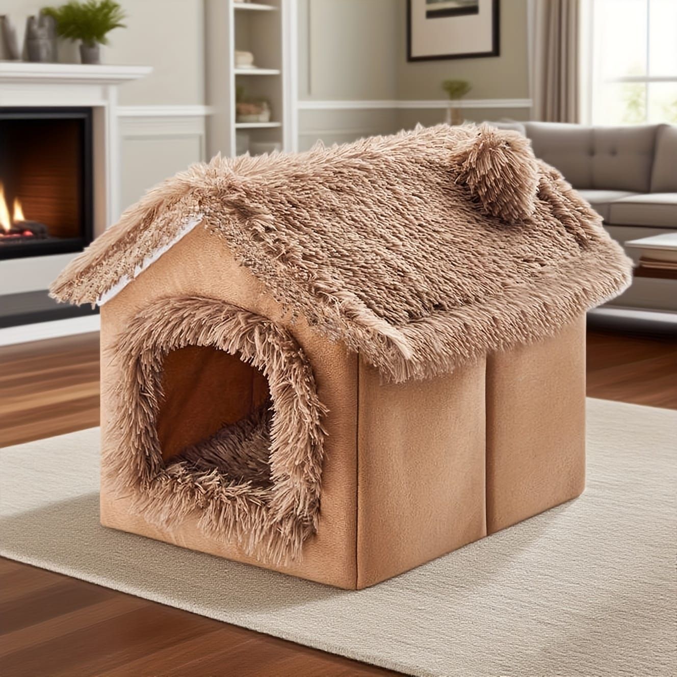 Plush Pet House with Detachable Cushion – Cozy, Warm, and Stylish Indoor Cat or Small Dog Bed – Soft Faux Fur Hideaway with Doorway – Perfect for Year-Round Comfort and Relaxation (M, Grey)