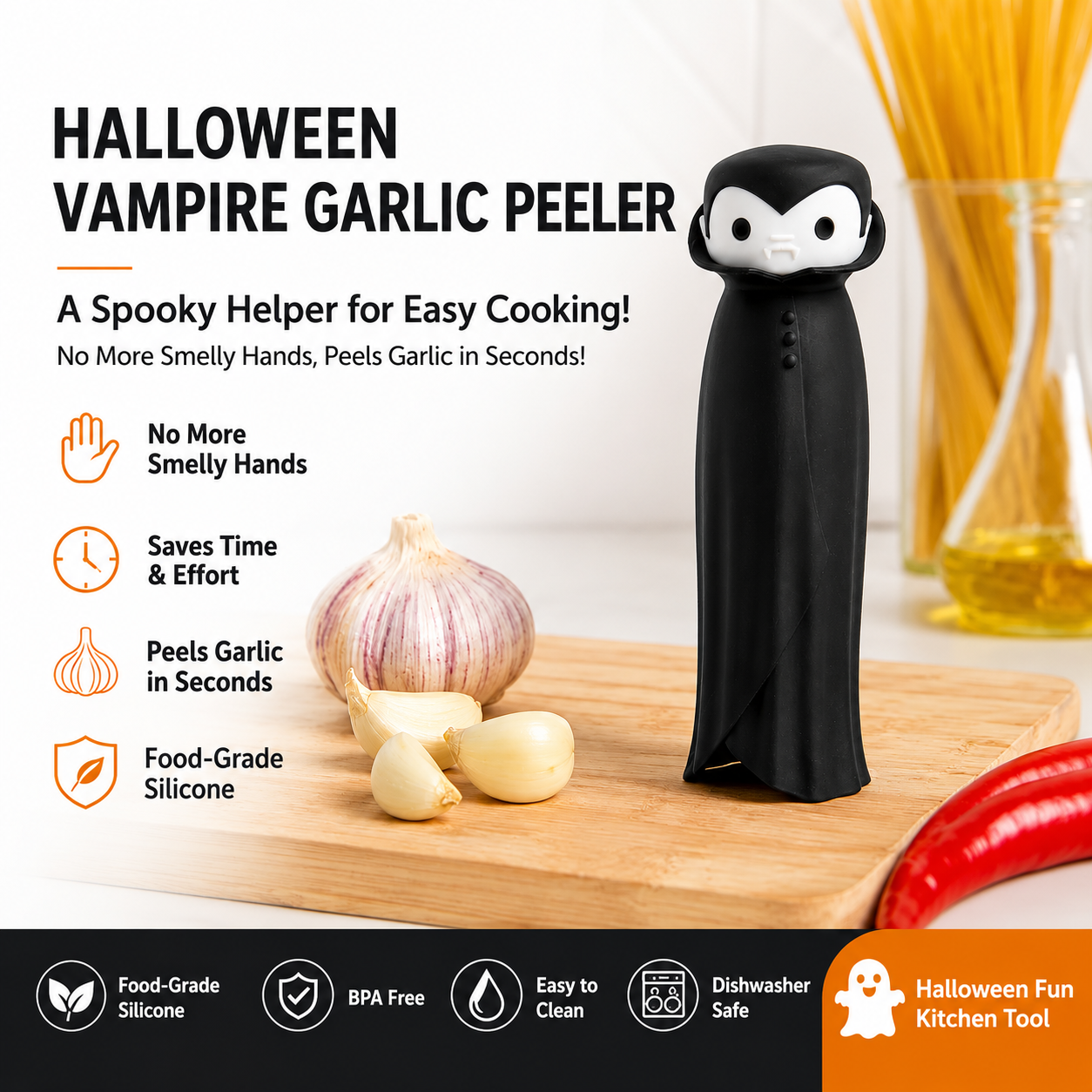 Unleash Some Bite-Sized Kitchen Fun with This Vampire Garlic Peeler – A Quirky Halloween-Inspired Silicone Tube That Effortlessly Strips Cloves in Seconds, Perfect for Home Cooks, Party Prep, and Gift-Giving to Garlic Lovers with a Dark Sense of Humor (Bl