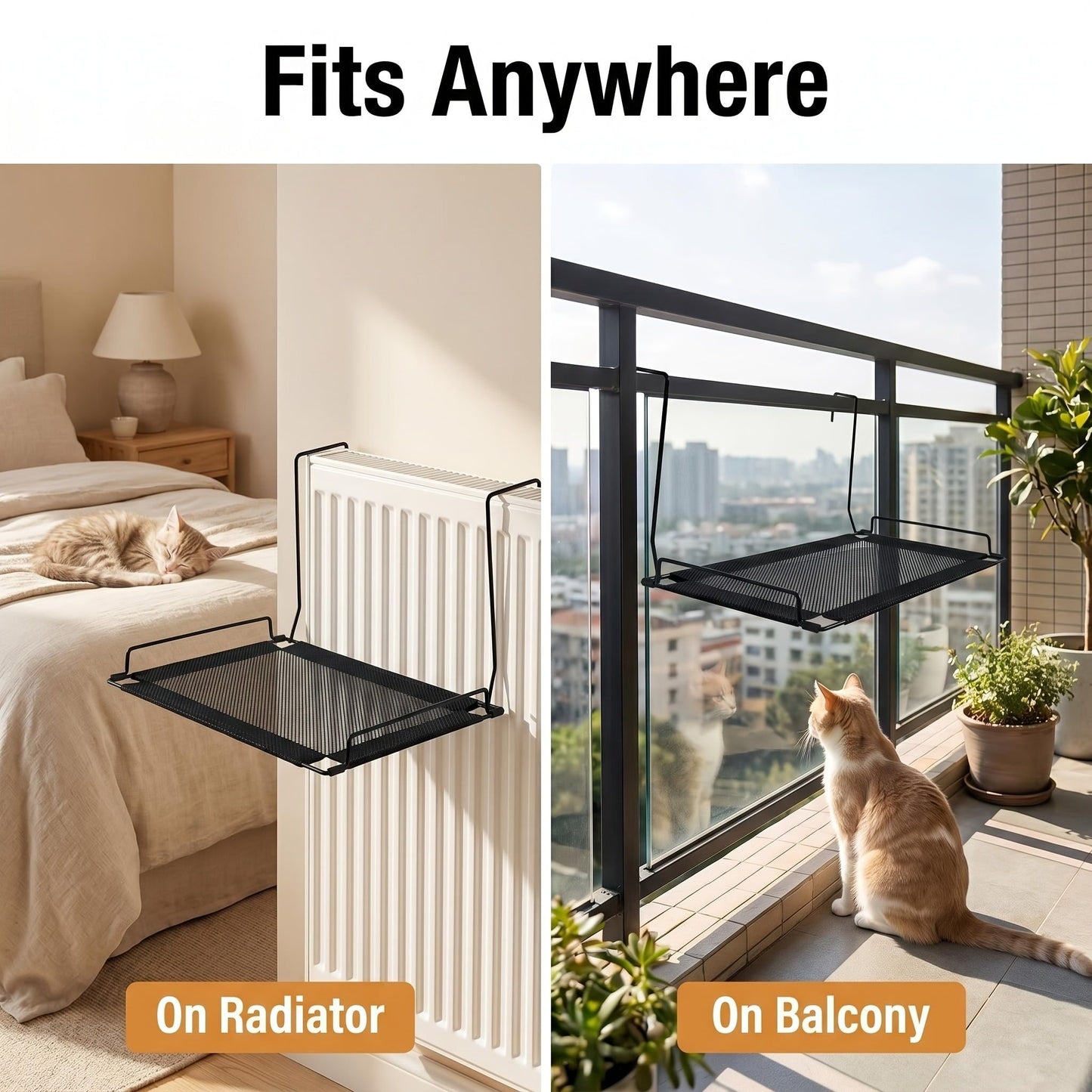 Hanging Cat Hammock for Radiator, Window, Balcony & Shelf – No-Drill Pet Bed with Breathable Mesh, Sturdy Metal Frame, and Raised Edges for Secure Lounging (Black)