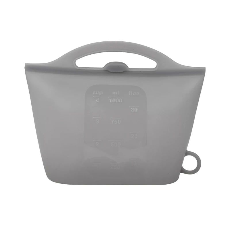 Reusable Silicone Food Storage Bag with Convenient Carry Handle, Leakproof Seal, 1000ml Capacity — Ideal for Storing Snacks, Grains, Fruits, Veggies, and More in Fridge, Freezer, or On-the-Go (Grey)