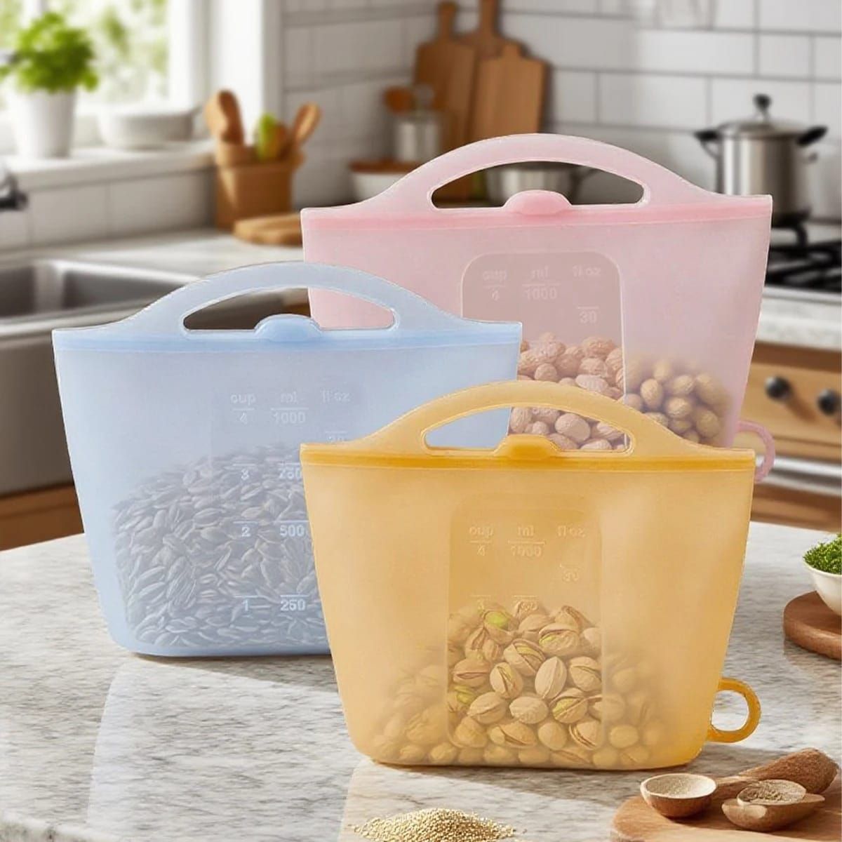 Reusable Silicone Food Storage Bag with Convenient Carry Handle, Leakproof Seal, 1000ml Capacity — Ideal for Storing Snacks, Grains, Fruits, Veggies, and More in Fridge, Freezer, or On-the-Go (Grey)