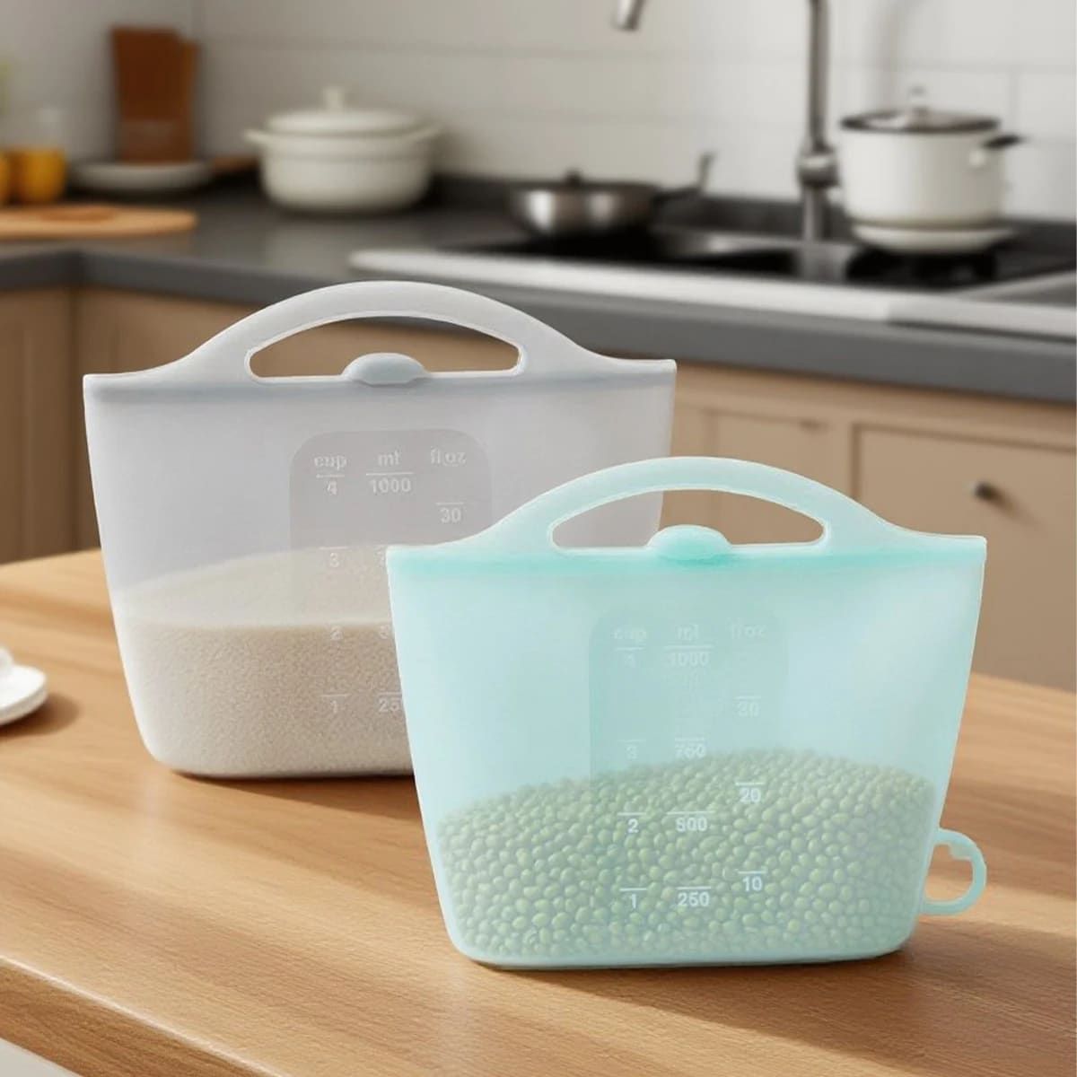 Reusable Silicone Food Storage Bag with Convenient Carry Handle, Leakproof Seal, 1000ml Capacity — Ideal for Storing Snacks, Grains, Fruits, Veggies, and More in Fridge, Freezer, or On-the-Go (White)