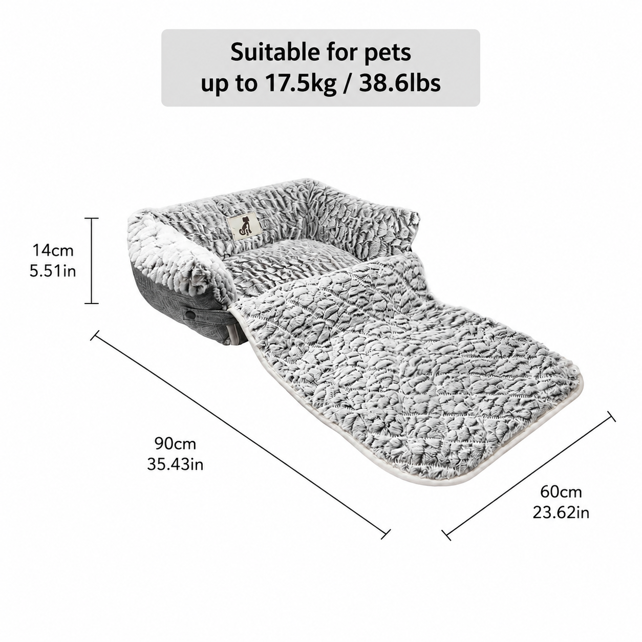 Convertible 2-in-1 Pet Sofa Bed & Mat, Self-Warming Plush Fabric, Foldable Puppy & Cat Cuddler with Bolster Pillows, Soft Cozy Blanket-Style Mat for Small to Medium Pets (Grey)