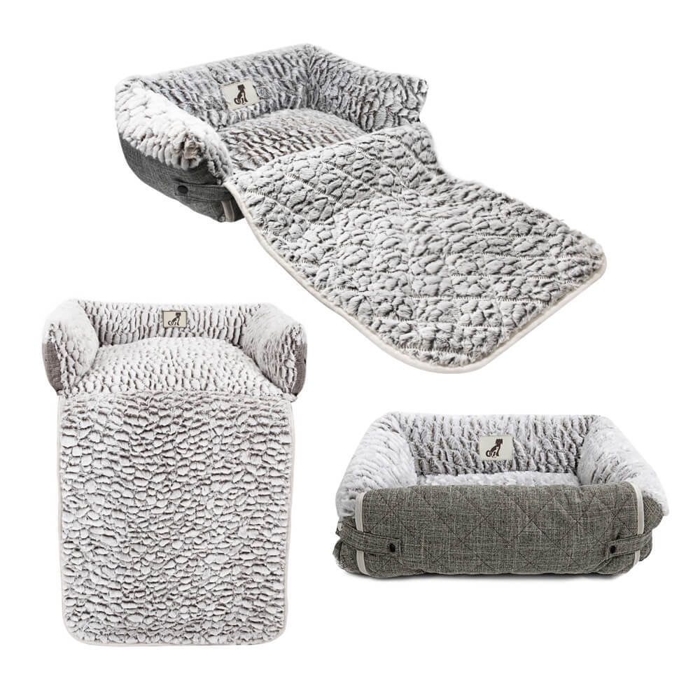 Convertible 2-in-1 Pet Sofa Bed & Mat, Self-Warming Plush Fabric, Foldable Puppy & Cat Cuddler with Bolster Pillows, Soft Cozy Blanket-Style Mat for Small to Medium Pets (Grey)