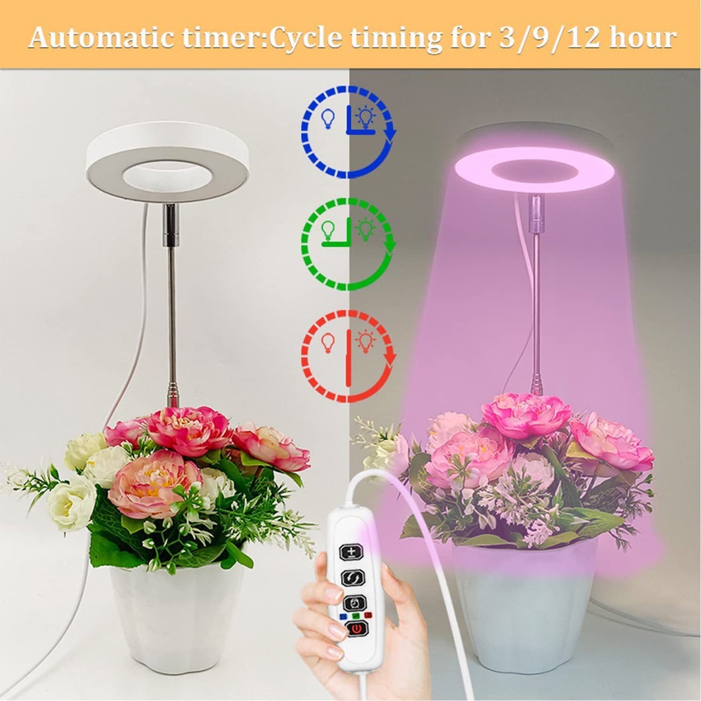 Angel Halo Ring LED Plant Grow Light, Full Spectrum Warm White & Red Blue for Succulents, Flowers, Adjustable Height and Angle, USB Powered Stake Lamp for Indoor Potted Plants (2PCS, Red Blue Warm Light  (White))
