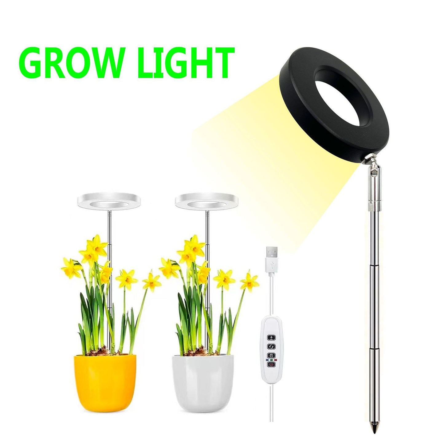 Angel Halo Ring LED Plant Grow Light, Full Spectrum Warm White & Red Blue for Succulents, Flowers, Adjustable Height and Angle, USB Powered Stake Lamp for Indoor Potted Plants (3PCS, Warm White Light (Black))