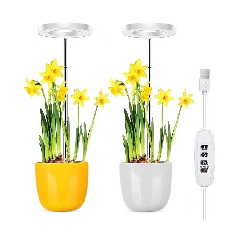 Angel Halo Ring LED Plant Grow Light, Full Spectrum Warm White & Red Blue for Succulents, Flowers, Adjustable Height and Angle, USB Powered Stake Lamp for Indoor Potted Plants (3PCS, Red Blue Warm Light  (Black))