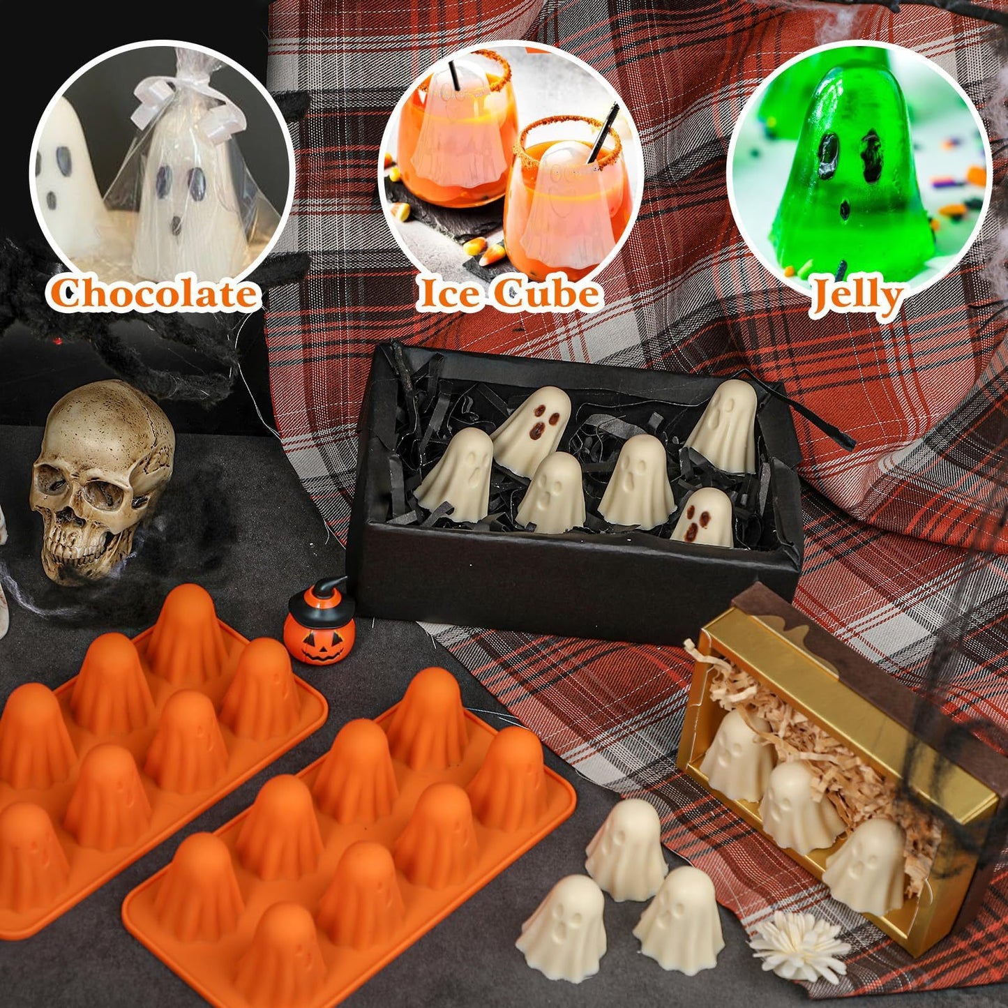 Spooky Halloween Ghost Silicone Mold – Create 8 Adorable Ghost-Shaped Chocolates, Jell-O Shots, Ice Cubes and Party Treats with Non-Stick Flexibility for Festive Kitchen Fun (1PCS)
