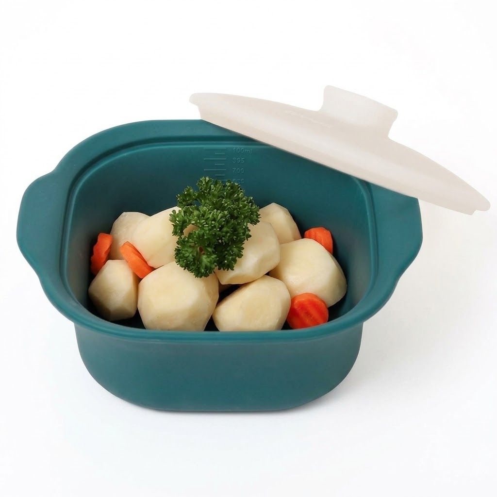 Multipurpose Platinum Silicone Steamer Pot – Food-Grade, Freezer-to-Oven Safe, Microwave & Dishwasher Friendly for Meal Prep, Baby Food, and Everyday Cooking (1200ml, Beige)