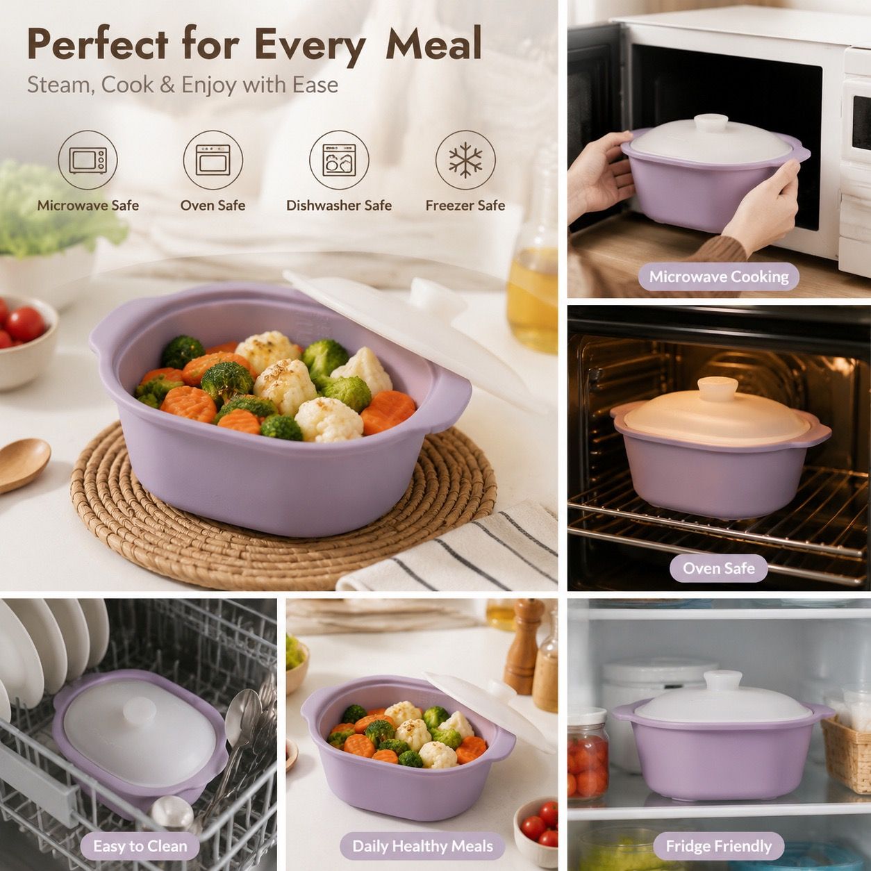 Multipurpose Platinum Silicone Steamer Pot – Food-Grade, Freezer-to-Oven Safe, Microwave & Dishwasher Friendly for Meal Prep, Baby Food, and Everyday Cooking (900ml, Beige)
