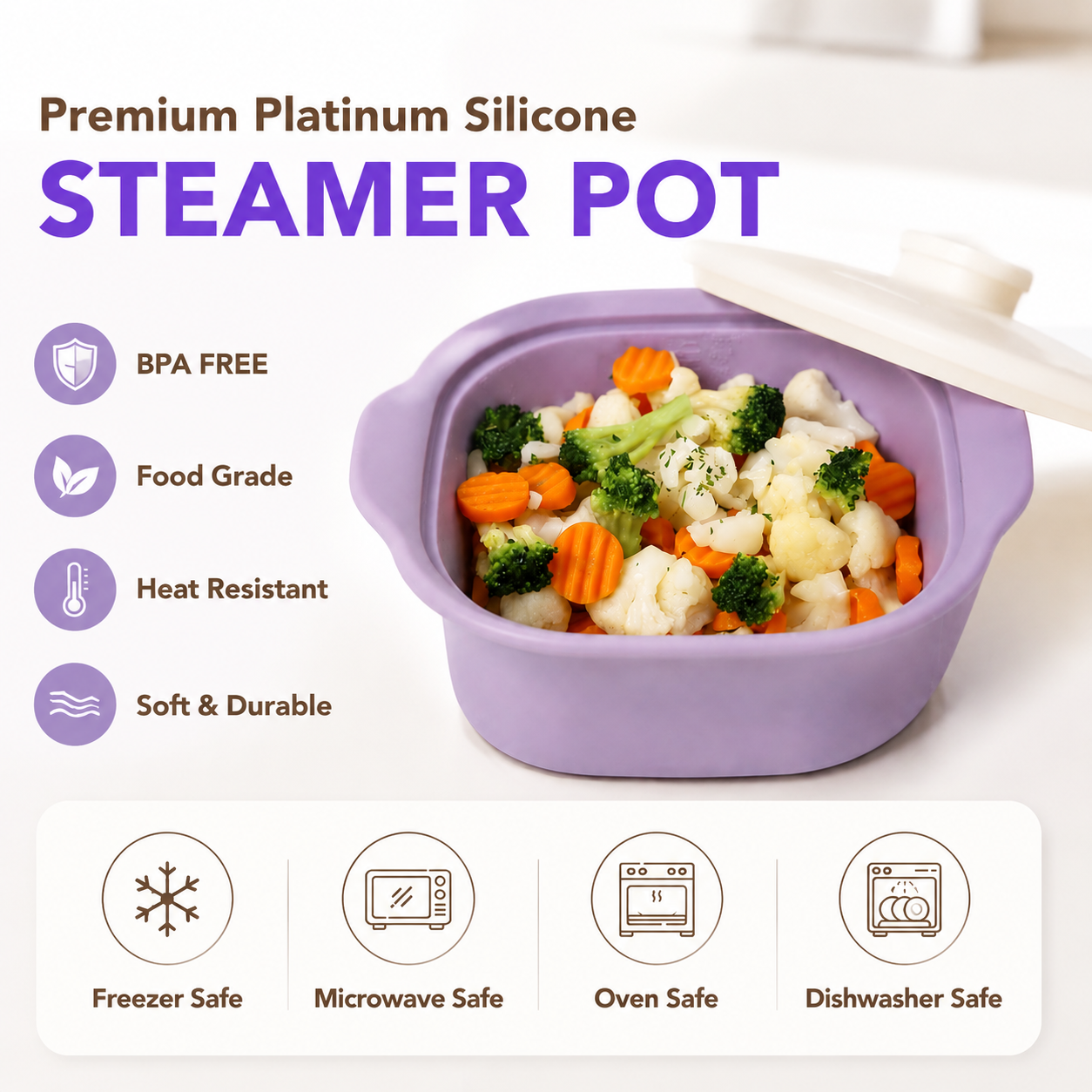 Multipurpose Platinum Silicone Steamer Pot – Food-Grade, Freezer-to-Oven Safe, Microwave & Dishwasher Friendly for Meal Prep, Baby Food, and Everyday Cooking (900ml, Green)