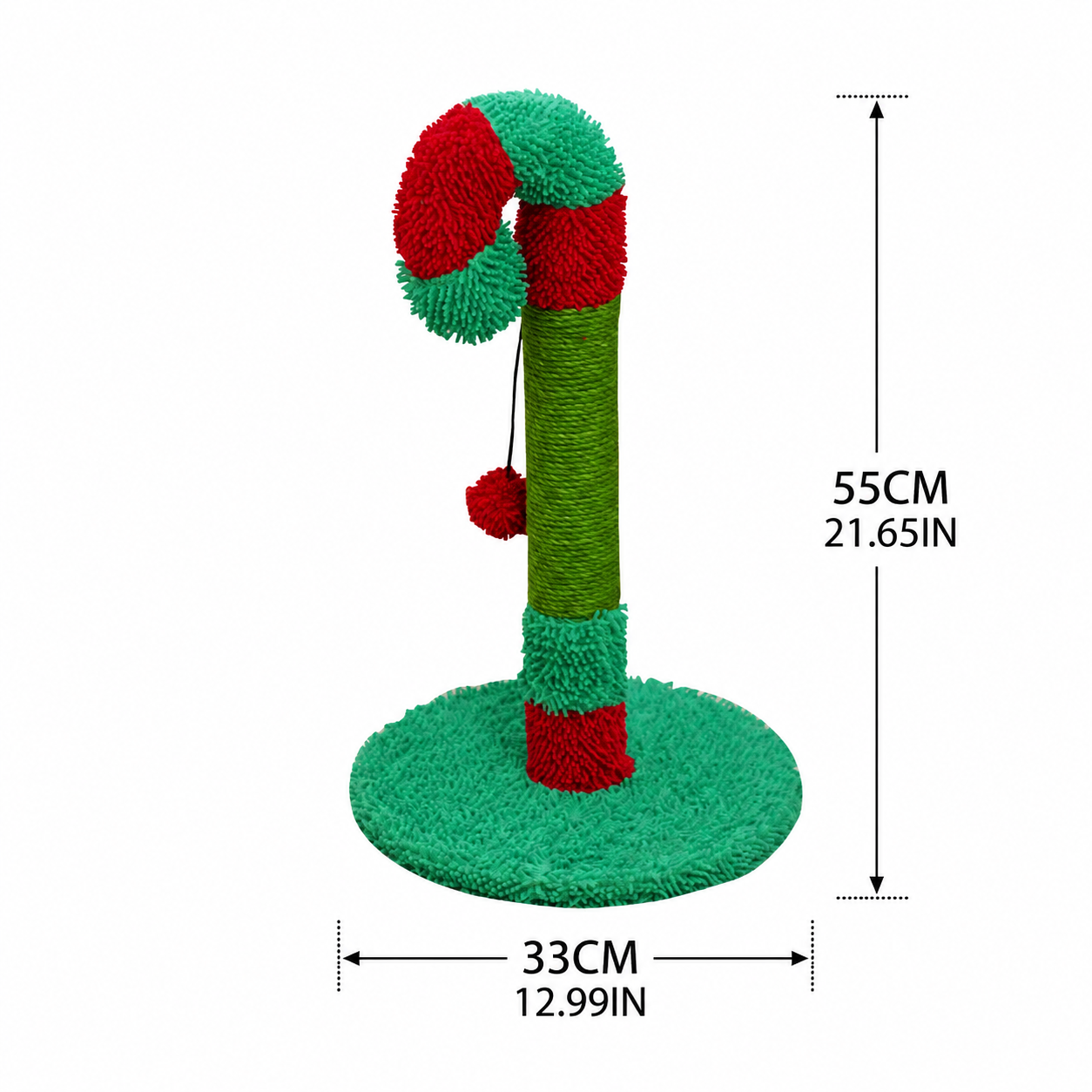 Christmas Candy Cane Cat Scratching Post - Durable Sisal, Plush Covered, Interactive Hanging Toy, Festive Red & Green, All-in-One Indoor Play Station for Feline Fun (33*55CM)