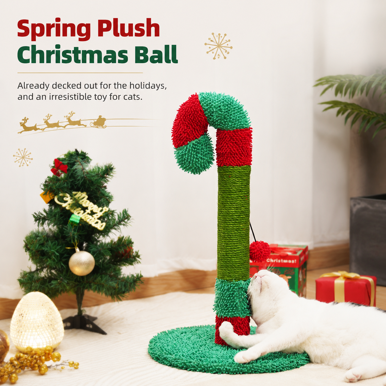 Christmas Candy Cane Cat Scratching Post - Durable Sisal, Plush Covered, Interactive Hanging Toy, Festive Red & Green, All-in-One Indoor Play Station for Feline Fun (33*55CM)