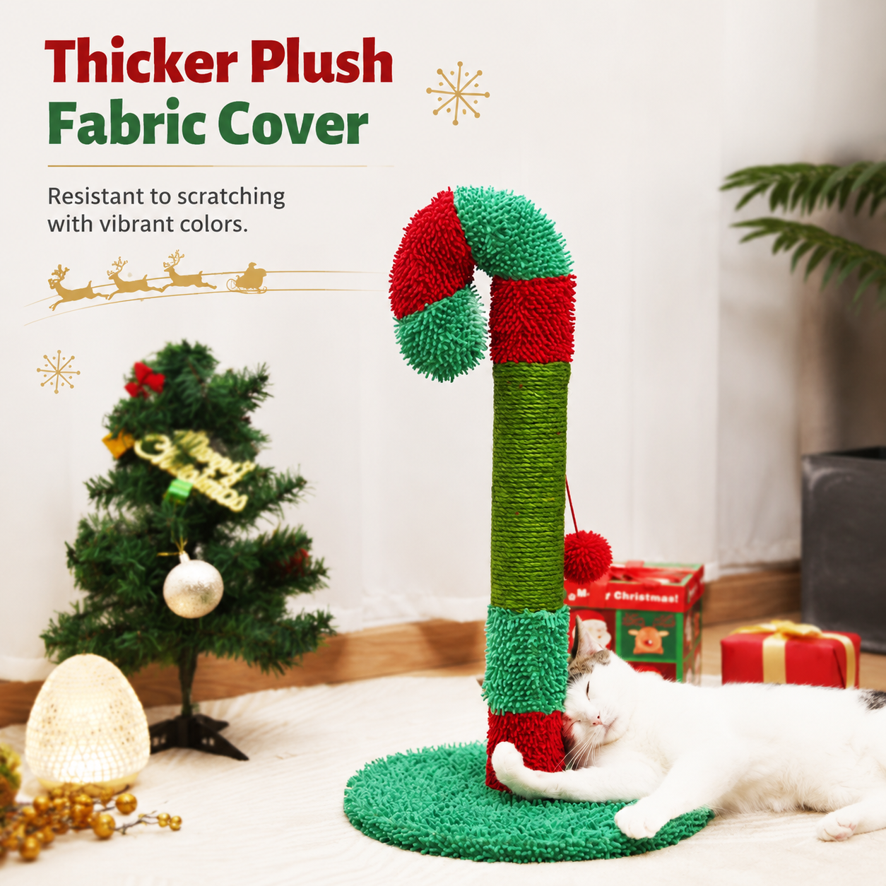 Christmas Candy Cane Cat Scratching Post - Durable Sisal, Plush Covered, Interactive Hanging Toy, Festive Red & Green, All-in-One Indoor Play Station for Feline Fun (33*55CM)