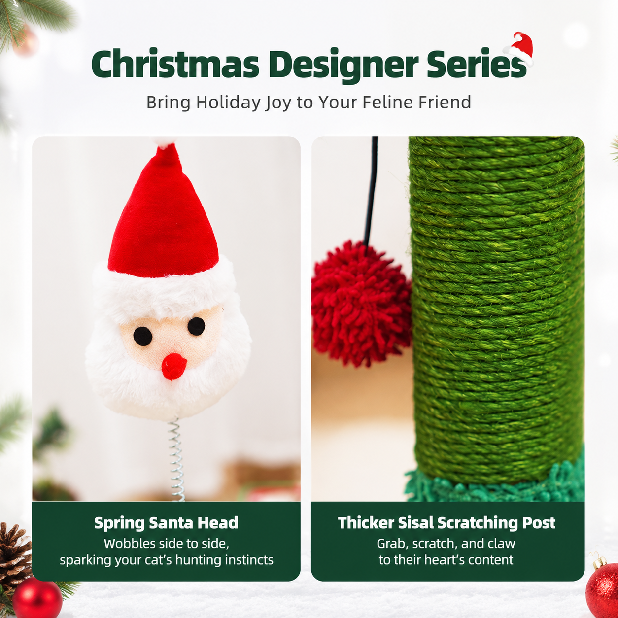 Christmas Candy Cane Cat Scratching Post - Durable Sisal, Plush Covered, Interactive Hanging Toy, Festive Red & Green, All-in-One Indoor Play Station for Feline Fun (33*55CM)