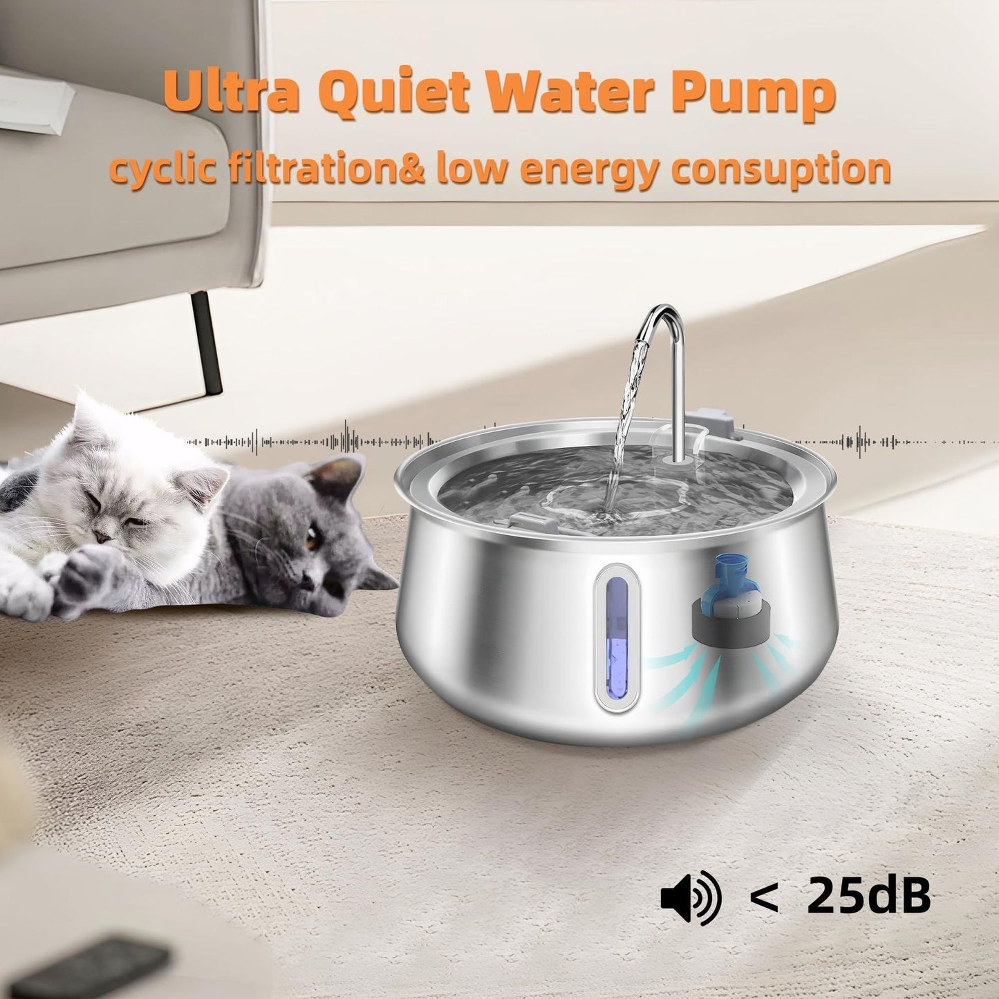 304 Stainless Steel Automatic Pet Water Fountain, 4L Cat Water Dispenser with Transparent Window, Dual Flow Modes, Activated Carbon Filter, Low Noise USB Pump for Indoor Cats and Dogs (A)
