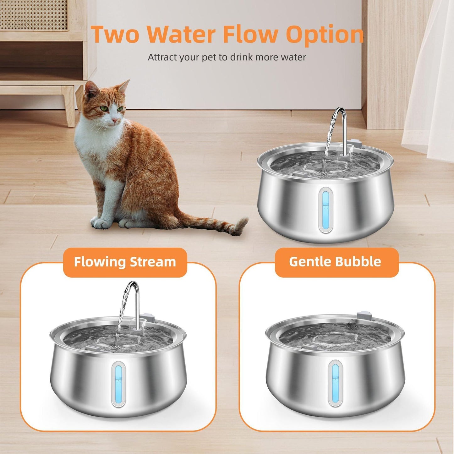304 Stainless Steel Automatic Pet Water Fountain, 4L Cat Water Dispenser with Transparent Window, Dual Flow Modes, Activated Carbon Filter, Low Noise USB Pump for Indoor Cats and Dogs (B)