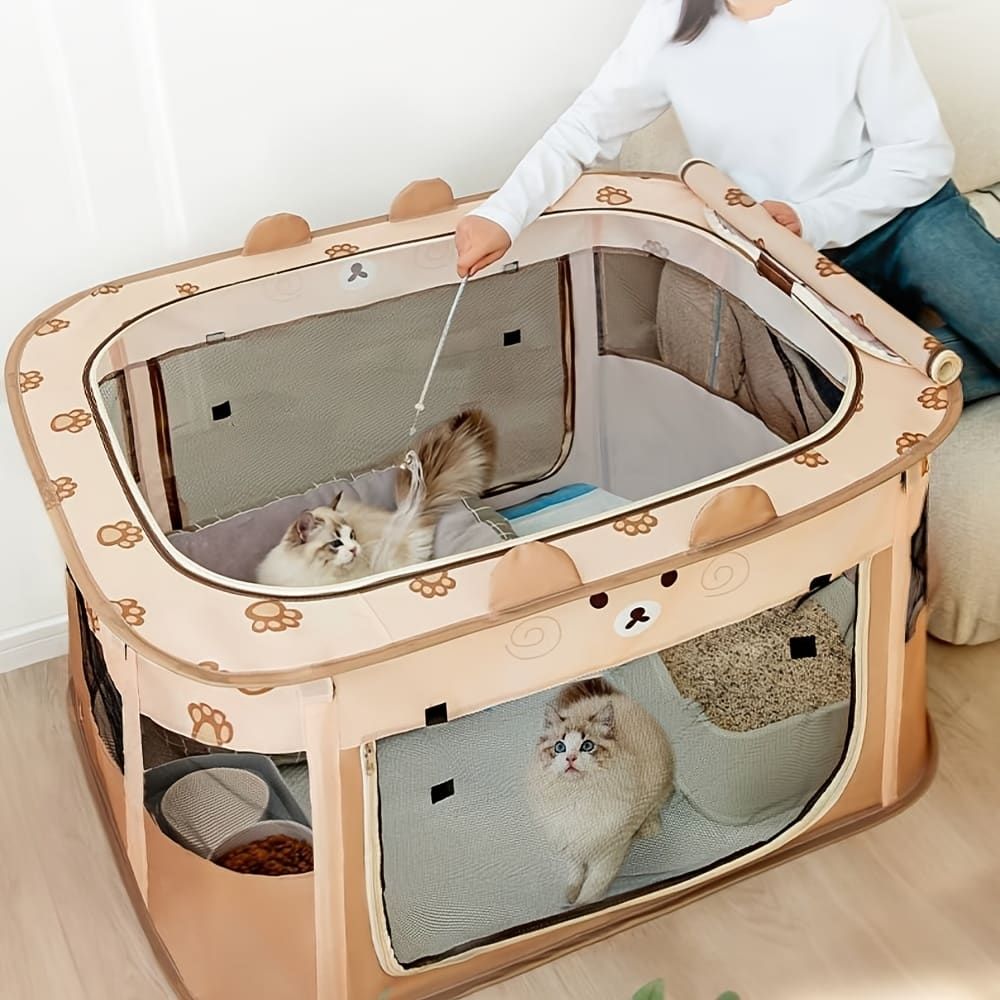 Foldable Pet Playpen with Zippered Top, Portable Cat Whelping Box & Puppy Kennel for Indoor/Outdoor Use, Easy Assembly, Multi-Functional Tent for Small Pets (Brown-M)