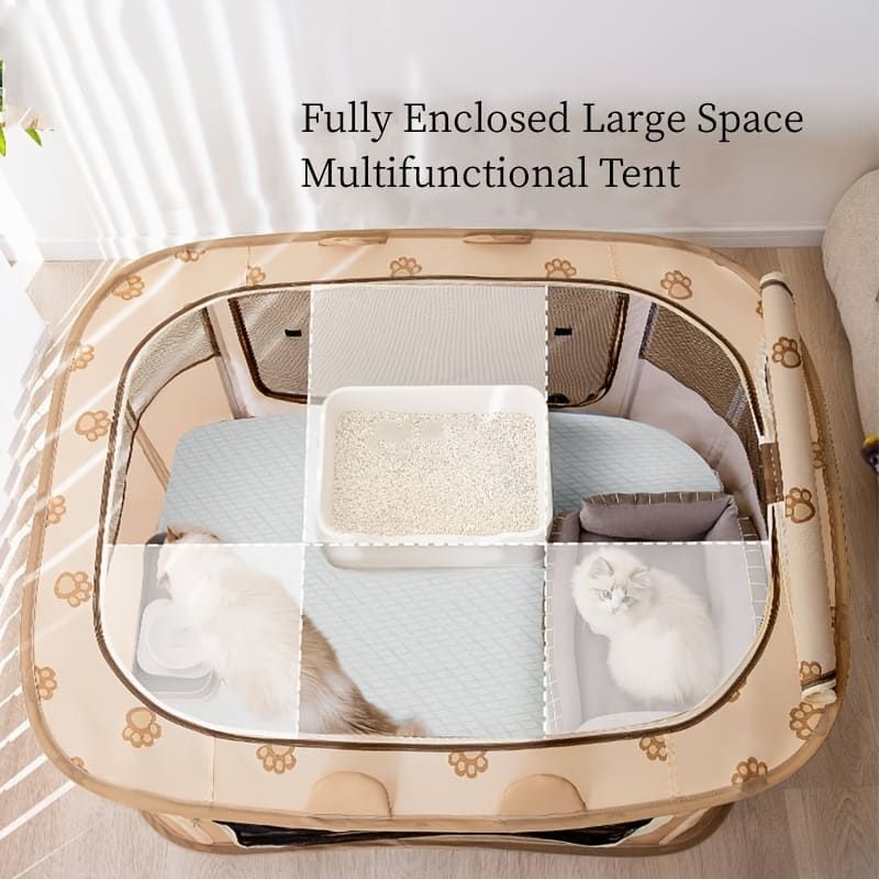 Foldable Pet Playpen with Zippered Top, Portable Cat Whelping Box & Puppy Kennel for Indoor/Outdoor Use, Easy Assembly, Multi-Functional Tent for Small Pets (Brown-M)